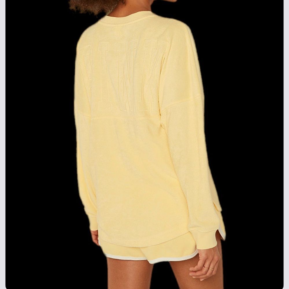 Victoria’s Secret Pink Varsity Terry Cloth V Neck Oversized Pullover Yellow - Picture 2 of 12